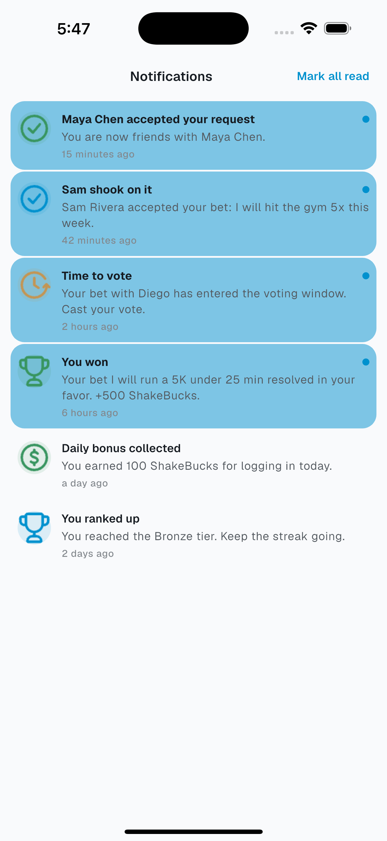 Notifications inbox in Shake